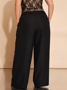 SHEIN BAE Plus Size Women Black Wide Leg Pants, High Waist Full Length Trousers, Suitable For Valentine's Day, Carnival, Beach, Holiday, Back To School, Spring/Summer, Commute, Daily Wear, Date
