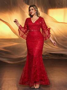 Glamrae Đầm dạ hội dáng đuôi cá ren tay bồng màu hồng nhạt đính hạt cườm và sequin, cỡ lớn, thanh lịch, thích hợp cho tiệc prom, tiệc Valentine. - Đỏ - Xem 5