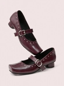 CUCCOO DOLLMOD Tacones altos con puntera cuadrada para mujer, tacones cilíndricos con tira cruzada, estilo clásico retro de Mary Jane - Burdeos - Ver 2