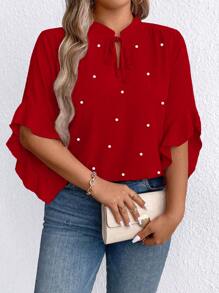 Plus Size Women's Tie Collar Faux Pearl Decor Ruffle Sleeve Blouse - Red - View 5