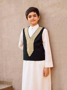 Tween Boys Patchwork Ribbon Vest And Long Sleeve Robe 2 Pieces Set - Multicolor - View 3