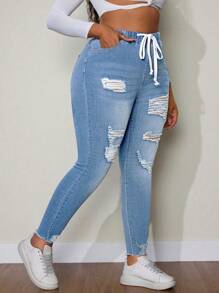 SHEIN SXY 大码弹性腰部百搭牛仔裤 - 淺色水洗藍 - 查看 6