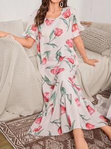 Ruched Peplum Hem Floral Print Long Nightgown - Multicolor - View 5