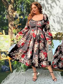 SHEIN Unity Plus Size Square Collar Heart Neck Bowknot Cuff Long Sleeve Floral Print Ruffle A-Line Maxi Vintage Elegant Cute Dress For Women, Resort Wear - Multicolor - View 5