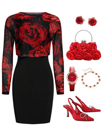 SHEIN Clasi Conjunto de 2 piezas con top de malla con estampado de rosa y vestido de tirantes, atuendo para Año Nuevo y Día de San Valentín