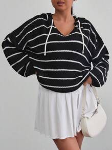 RueChic Striped Pattern Design With Hood Suitable For Casual Style Women's Sweater Tops - Black and White - View 3