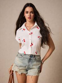 Poéselle 女夏樱桃蝙蝠袖衬衫宽松夏装衬衫夏季衬衫短袖衬衫女衬衣 - 白色 - 查看 6