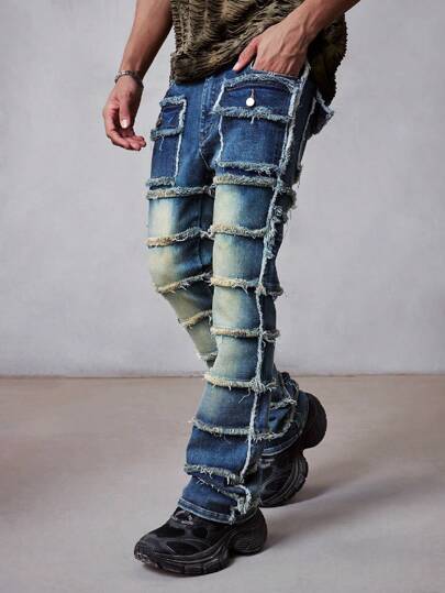 Grunge Punk Men's Frayed Hem Layered Flared Patchwork Jeans