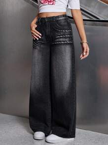 SHEIN Explorewe Teen Girl Rhinestone Accent Wide Leg Jeans, Street Style Cool - Black - View 5