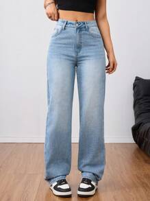 SHEIN Tall 女式高腰男友风做旧浅蓝色水洗 Y2K 牛仔裤 - 藍色 - 查看 3