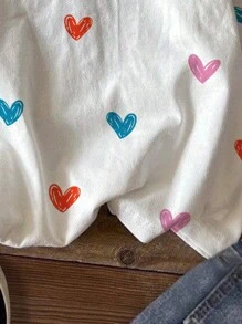 Emery Rose Kids Emery Rose Kids 情人节，可爱手绘彩色心形印花，少女休闲简约短袖圆领 T 恤，适合夏季 - 白色 - 查看 6