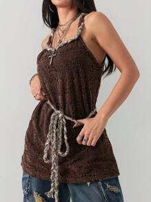 Coolane Women's Spring/Summer For Country Festival Outfits Floral Textured Brown Long Halter Top - Coffee Brown - View 5