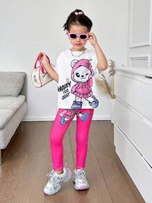 Set de 2 piezas: Camiseta de cuello redondo con patrón de gato lindo y pantalones ajustados para niñas jóvenes