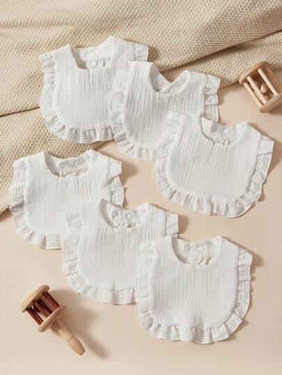 Cozy Pixies 6pcs/Pack White Basic Baby Bibs, Super Soft Absorbent Feeding Bibs With Drool Catcher, Muslim Fabric, Floral Lace Edge, Adjustable Size