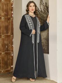 Al Najma Plus Size Women Embroidered Long Maxi Kimono Robe Abayas - Black - View 4