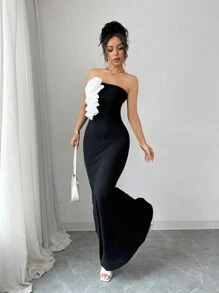 Elenzga Women Elegant Tube Dress With Sculpted Floral Design Fishtail Dress