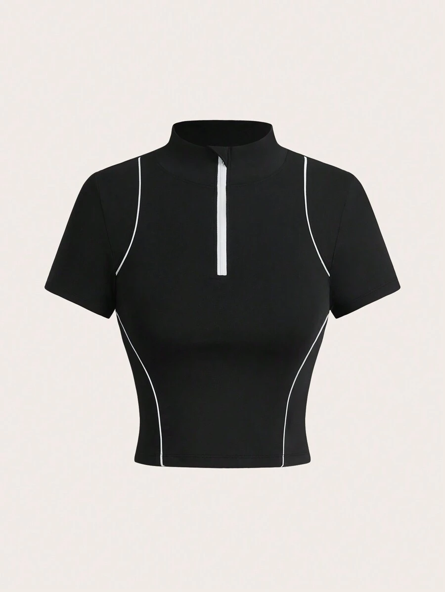 Top de yoga sport avec bordure contrastée, t-shirt de course outdoor amincissant, chemise ajustée