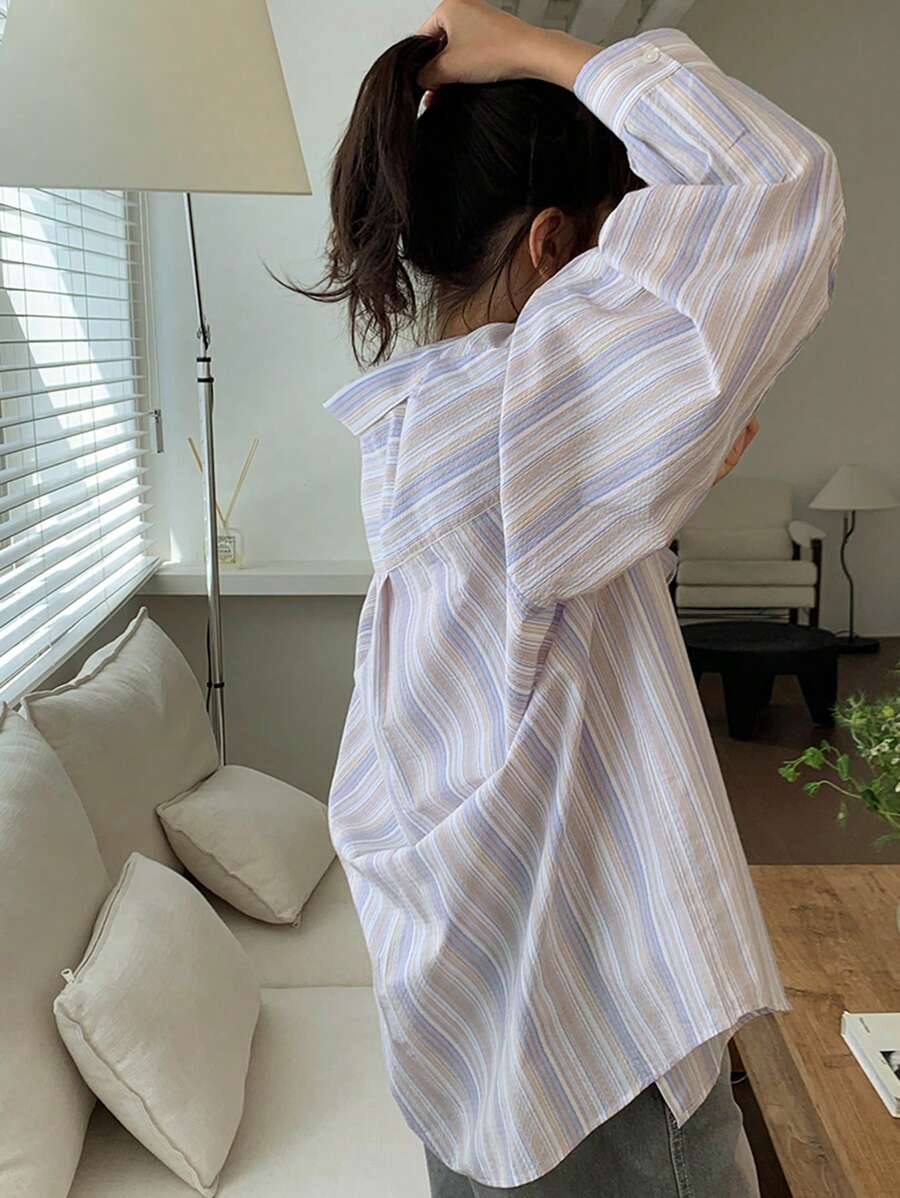 DAZY Áo sơ mi dài tay kẻ sọc rộng rãi thoải mái cho nữ, quần áo trở lại trường - Màu tím hoa cà - Xem 1