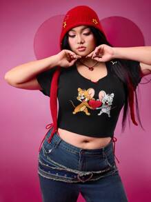 TOM & JERRY X SHEIN Plus Size Black Bow Decor Heart Graphic Cute T-Shirt, Suitable For Date & Everyday Wear For Summer