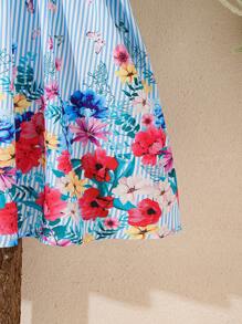 Young Girls Sweet Floral Print Stripe Sleeveless Dress, Young Girl Garden Style Vacation Princess Long Dress, Suitable For Daily Wear Or Outdoor Play, Young Girl Formal Dress - Blue - View 5