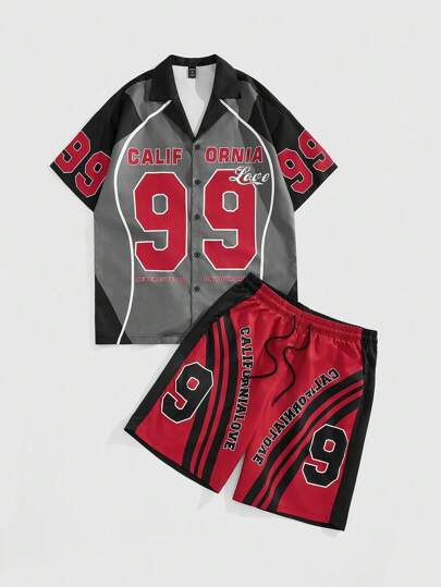 Prep طقم قميص وشورت رجالي مطبوع عليه أحرف وأرقام بألوان متباينة