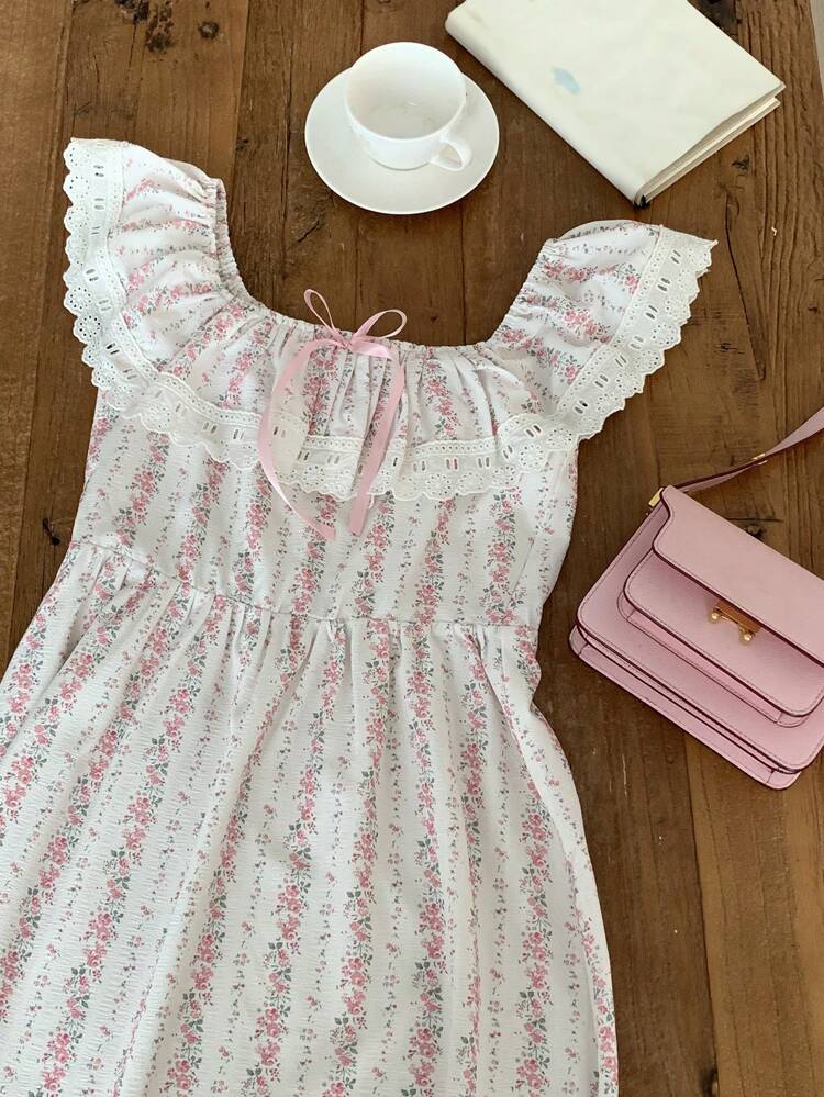 Women's Long Square Neck Ditsy Floral Ruffle Trim Sleeveless Dress, French Style Elegant Summer Dress,Milkmaid Dress Sundress Vacation Outfits Women Maxi Dress