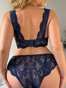 SHEIN Bộ đồ lót ren và quần lót cỡ lớn 2 món, tối giản và thời trang cho trang phục thường ngày và hàng ngày, nâng đỡ - Màu xanh hải quân - Xem 6