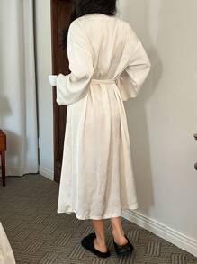 DAZY Satin Jacquard Loose Fit Long Robe Pajama, Fall, Winter - White - View 2