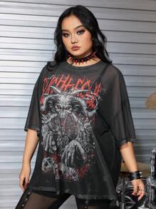 ROMWE Grunge Punk 朋克骷髅印花透明宽松大码 T 恤 - 黑色 - 查看 6