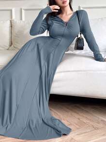 Mulvari 勃艮第红女士优雅纯色腰部收腰长裙，春秋