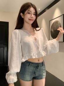 DAZY V-Neck Loose Lace Ruffle Patchwork Long Sleeve Blouse For Women Linen - White - View 6
