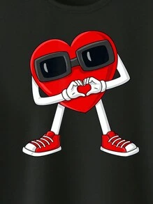 SHEIN Explorewe 青少年男孩情人节休闲心形印花基本款短袖 T 恤搭配时尚太阳镜设计