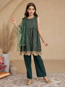 3 件套 Tween 女童绿金箔长衬衫搭配阔腿裤和闪亮围巾 3 件套，适合日常、通勤、家庭聚会和休闲度假