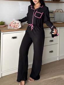 女士撞色滚边单排扣长袖上衣和裤子睡衣套装，舒适优雅细节，秋冬服装 - 黑色 - 查看 5