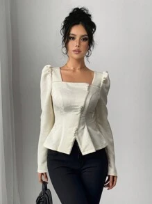 Rafferiza 女式新款优雅中国新年风格方领提花泡泡袖复古珍珠链收腰衬衫 - 白色 - 查看 6