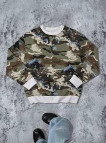 Manfinity Dauomo Men's Casual Minimalist Round Neck Camo Sweatshirt, Everyday Wear