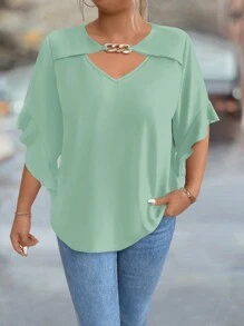 SHEIN Clasi Áo cánh tay bèo nhún cổ khoét sâu màu trơn cỡ lớn - màu xanh lá - Xem 1