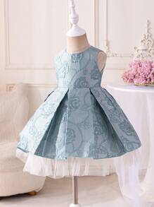 Glamorique Kids Vestido de fiesta elegante de princesa para niñas bebé sin mangas con superposición de malla, vestido de jacquard de alta calidad, digno y elegante, adecuado para fiestas glamorosas europeas, americanas, eventos y ocasiones especiales - Azul - Ver 4
