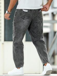 Manfinity Roughcore Quần Jeans Nam Túi Xiên Rách Dáng Rộng - Màu xám đen - Xem 2