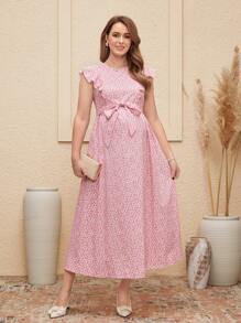 SHEIN Vestido de lactancia informal rosa con mangas de casquillo y estampado floral diminuto para embarazo - Rosa - Ver 5