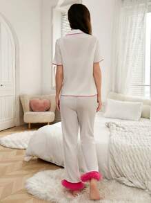 Teen Girls White Simple Fashionable Casual Contrast Ruffle 2 Pieces Pajama Set - White - View 2