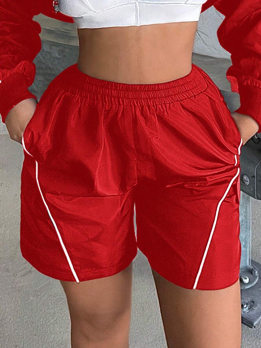SHEIN SXY Women's Elastic Waist Pockets Summer Casual Splice Color Shorts - Red - View 1