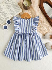 SHEIN Baby Girl/Infant/Toddler 0-3Y Casual Elegant Holiday Blue & White Striped Tie Sleeve Loose A-Line Dress, Suitable For Outings - Blue and White - View 3