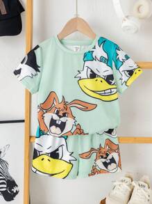 Set van 2 stuks met casual, comfortabele, stijlvolle T-shirts en shorts voor jongens met groot konijnenpatroon, geschikt voor het voorjaar en de zomer.