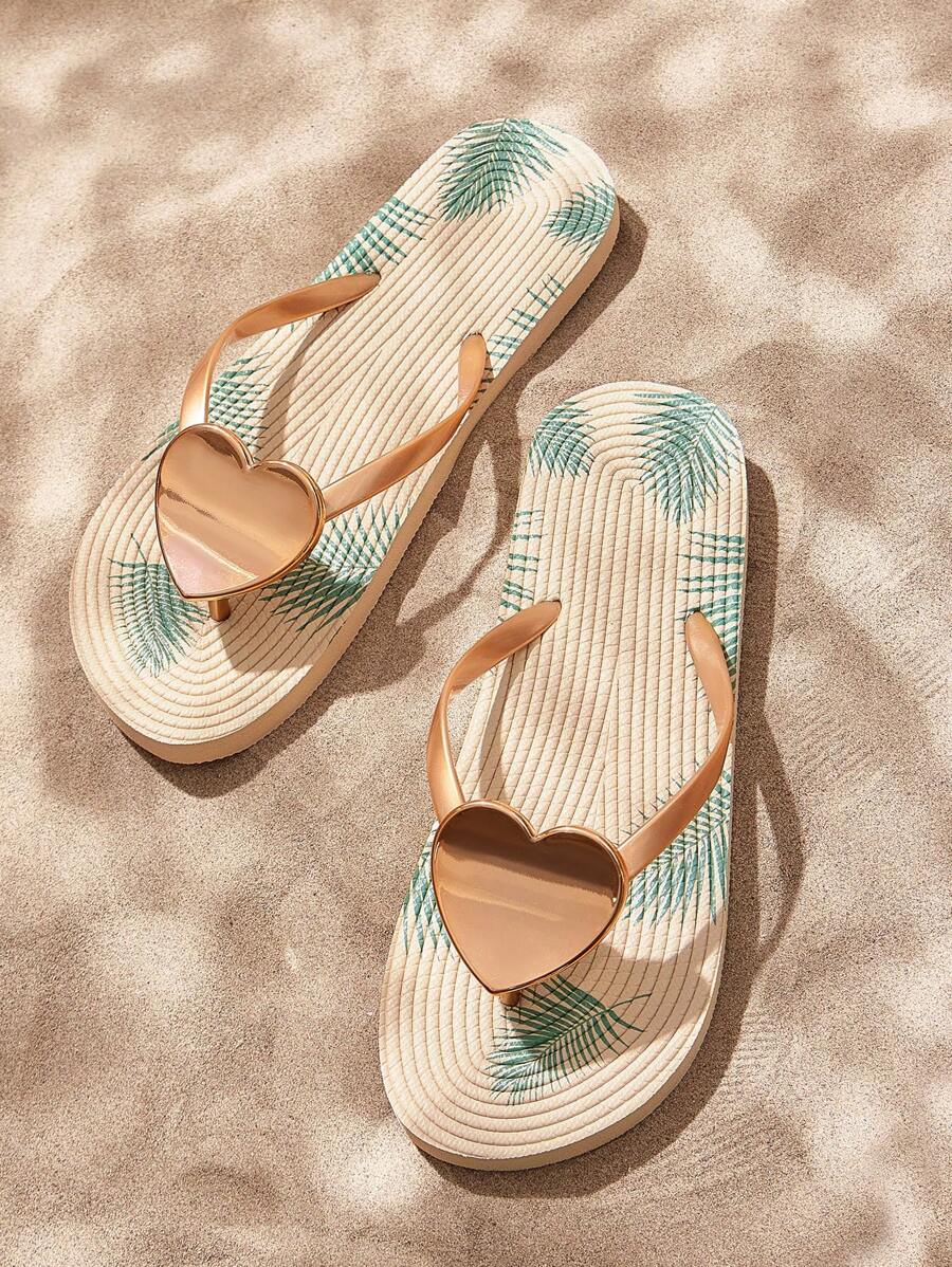Grefit Dép đế bằng họa tiết lá và trái tim màu mơ, khóa kim loại, thoải mái và chống trượt, thích hợp mặc đi biển, đi nghỉ dưỡng, mặc ở nhà - Màu be - Xem 1