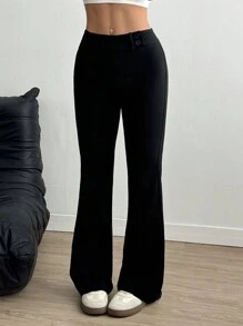 Flirla Quần ống loe màu đen trơn đơn giản cho nữ, cạp thấp, đa năng, mùa xuân và mùa hè - màu đen - Xem 3