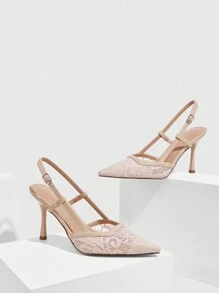 CUCCOO SZL Tacones de salón de punta fina de material de encaje color albaricoque con correa trasera para mujer, sexy para uso diario, citas, fiestas, vacaciones, San Valentín, boda
