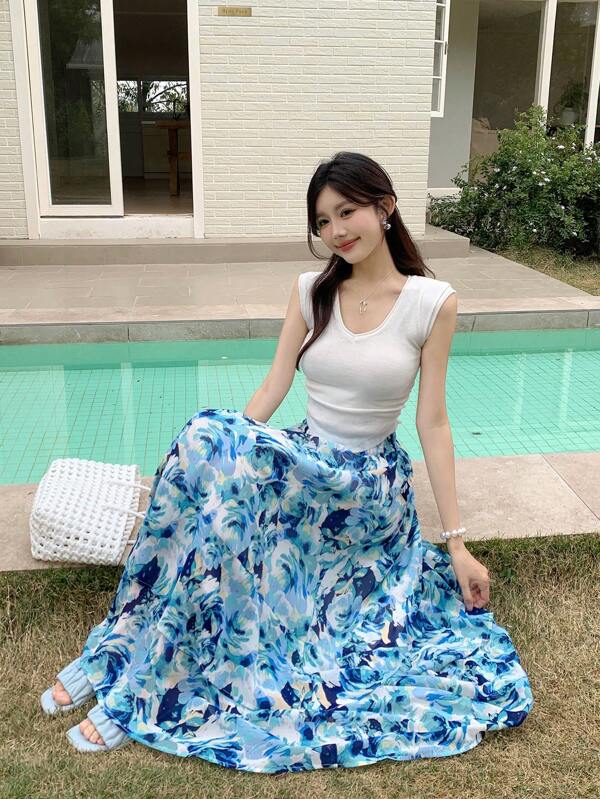 DAZY Women's Mid-Length Full Floral Print A-Line Skirt, Korean Style