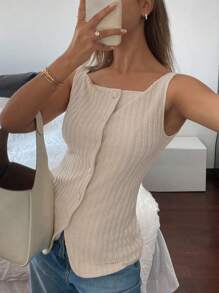 Siren Gaze Camisa sin mangas con botones y textura de unicolor casual para mujer - Albaricoque - Ver 3