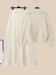 Chiquease 2 件针织毛衣套装：纯色长袖上衣和裙子，休闲时尚，适合日常穿着 - 杏色 - 查看 2